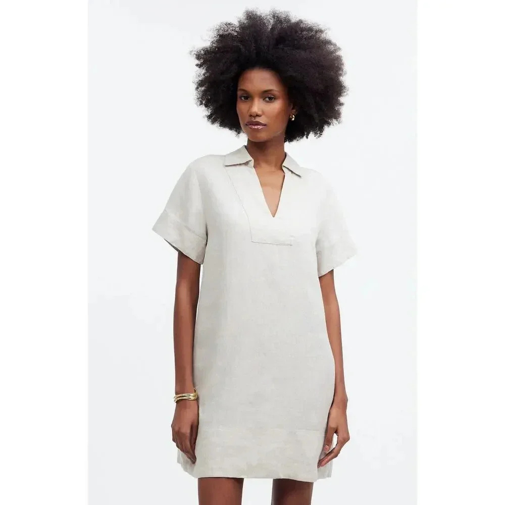 NEW Madewell Women’s XS Beige V-Neck Mini Dress in 100% Linen NWT